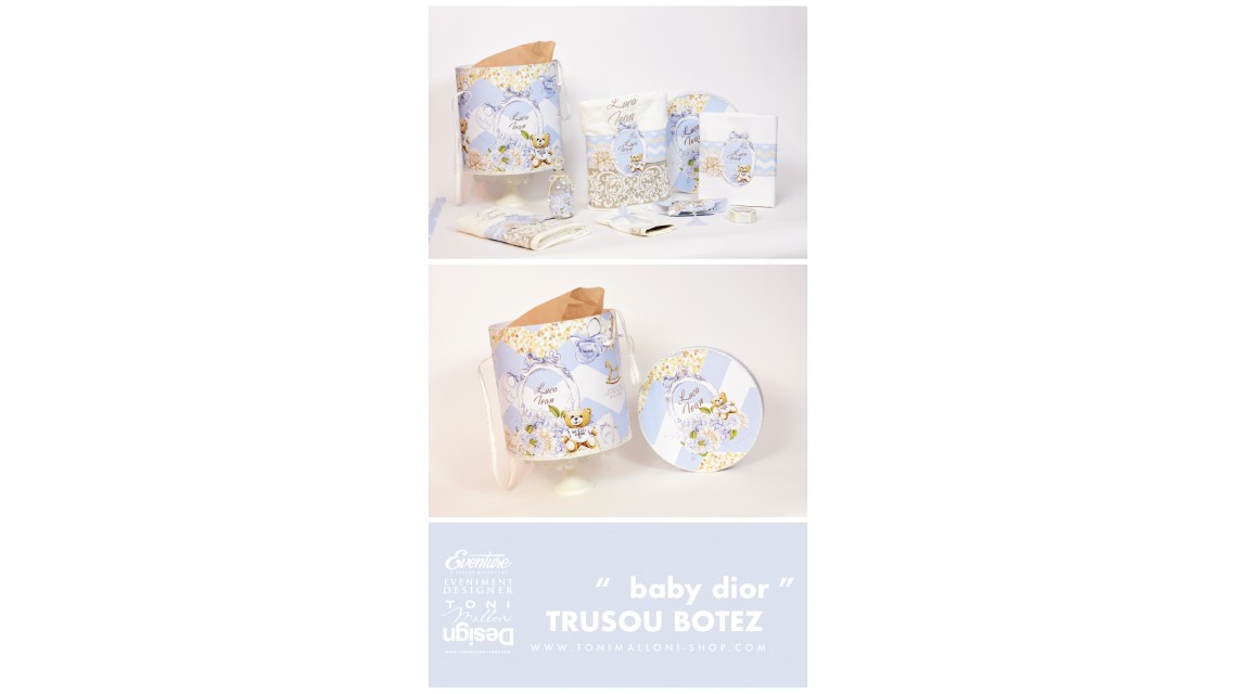 Trusou de botez pentru baieti cu broderie personalizata si ursuleti, Baby Dior 3